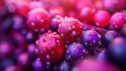 Vibrant dew-covered berries close-up,  sunlit background, food texture