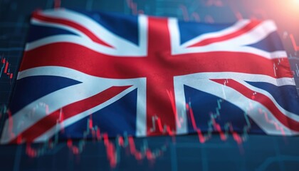 British flag overlaid financial graph, UK economy activity, stock market trends. Concepts of investing, trading, recession, growth, inflation, unemployment, international trade. Economic crisis,