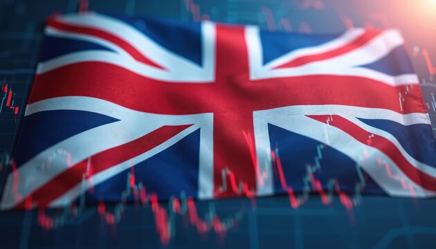 British flag overlaid financial graph, UK economy activity, stock market trends. Concepts of investing, trading, recession, growth, inflation, unemployment, international trade. Economic crisis,
