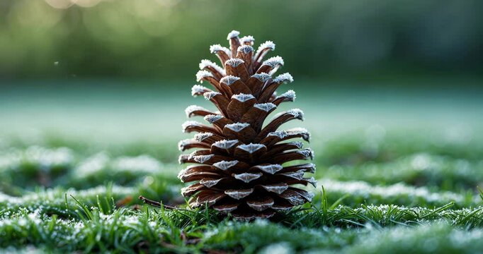 A close view of a frosted pine cone on grass with a blurred green backdrop.