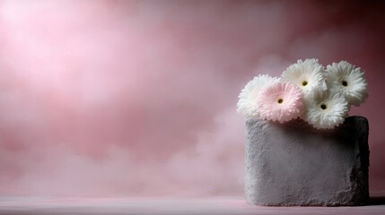 Delicate pastel flowers on a stone pedestal, soft lighting