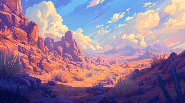 Majestic desert landscape illuminated by a vibrant sunset with dramatic clouds and rugged mountains