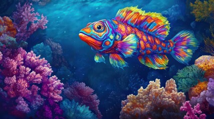 Fototapeta premium Vibrant reef fish swims amidst coral, underwater scene