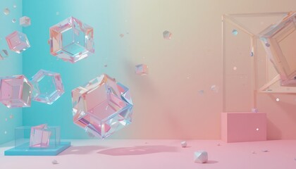 Dynamic crystal shapes floating in a soft-gradient space abstract art digital environment artistic representation visual exploration