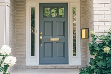 Fototapeta premium Welcoming entrance of a modern home featuring a stylish gray front door with decorative window panes and lush green plants on a sunny day in a peaceful neighborhood