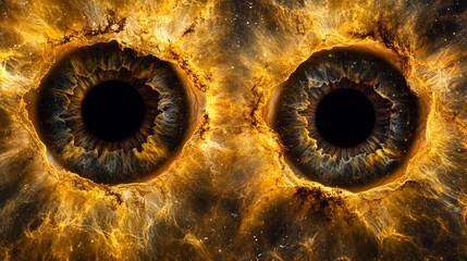 Close-up of pair of eyes with golden, nebula-like surroundings