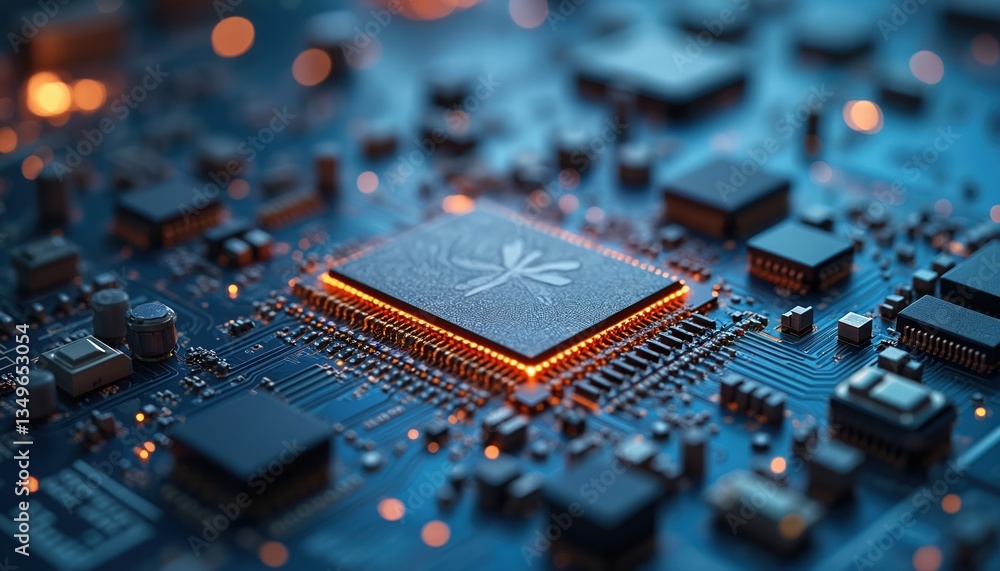Aufkleber Microchip semiconductor manufacturing process concept, generative AI. Circuit board detail with central processing unit, electronic tech. Modern digital computing technology. Artificial intelligence,