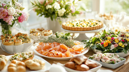 Easter brunch buffet with savory pies and fresh flowers