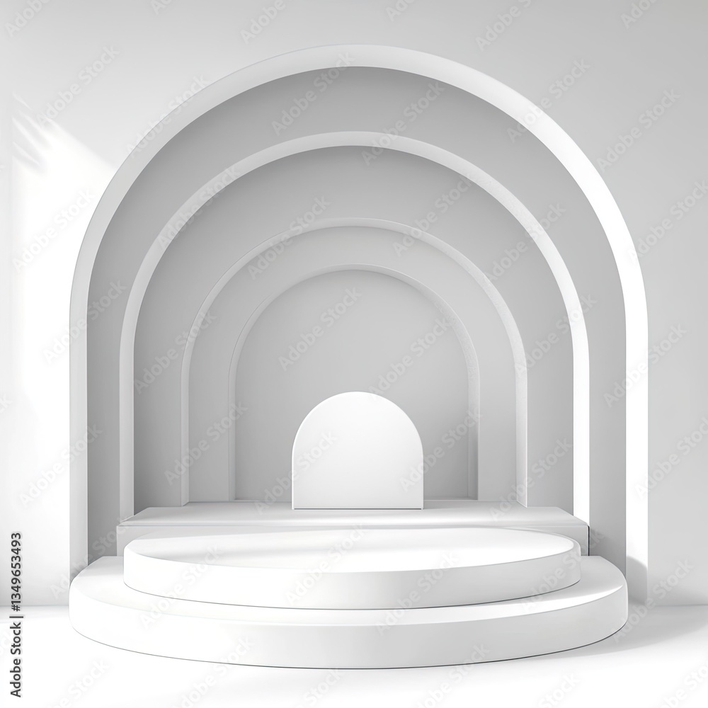 Poster minimalist white archway product display stage with circular platform