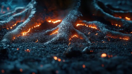 Fiery roots illuminated by glowing lava, showcasing the intense interplay of nature and heat in an enchanted forest setting