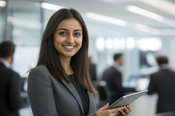 Confident young woman with long hair wearing a business suit, smiling brightly while holding a tablet in a stylish collaborative workspace filled with soft lighting and people engaged in conversation