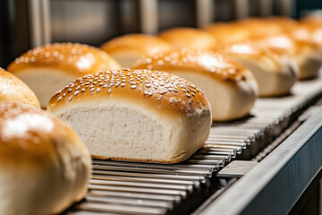 Fresh baked bread loaf on conveyor belt in mass production, Selective focus bread sliced in line process manufacturing.