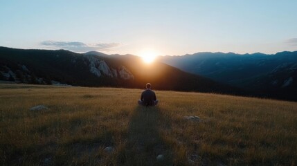 Man meditating atop mountain at sunset