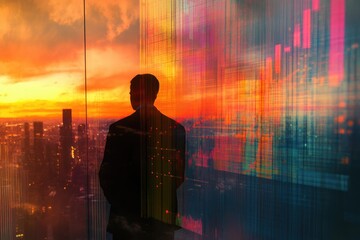 Silhouetted businessman contemplates city skyline at sunset, overlaid with abstract data visualization.