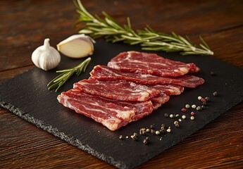 Fototapeta premium Fresh Slices of High-Quality Raw Beef Streak with Garlic Cloves, Rosemary Sprigs, and Black Peppercorns on Slate Serving Plate