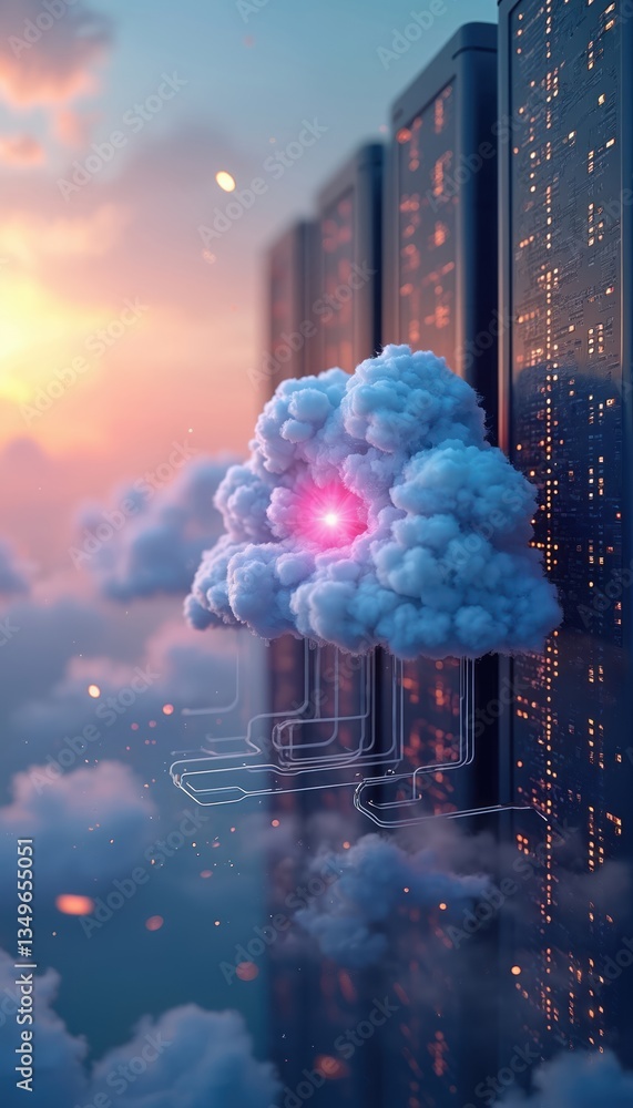 Aufkleber Cloud computing concept with a data center on cloud service. 3d rendering illustration. Technology, data processing, network connection, digital storage and futuristic design. Innovation.