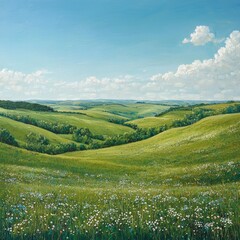 Fototapeta premium Rolling Green Hills Landscape Painting