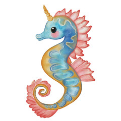 A whimsical, colorful seahorse watercolor glitter illustration featuring a unicorn horn and vibrant fins. The seahorse has a blue and gold body with pink accents, creating a playful. © Khrystyna Turchyn