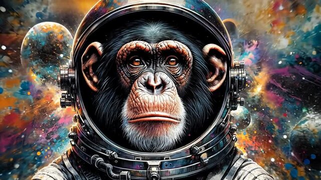 Schimpanse mit Astronautenhelm im Portr&auml;t