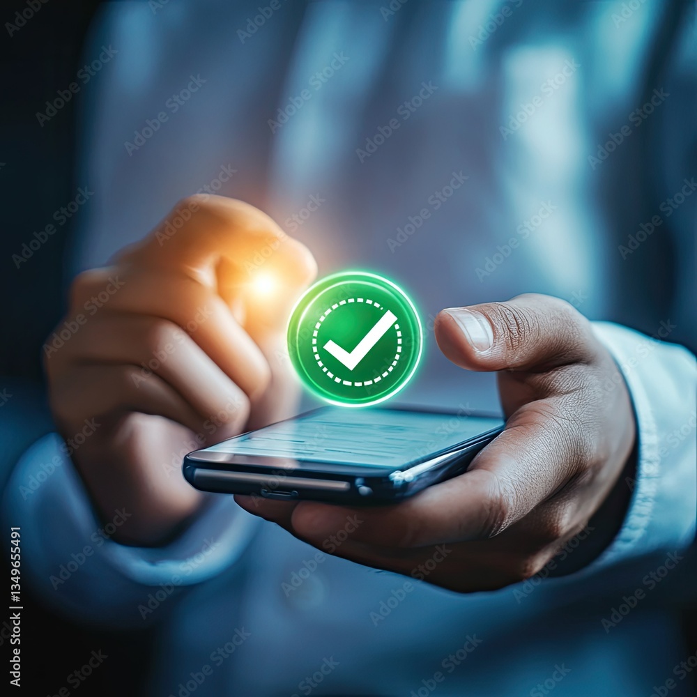 Poster person using smartphone with green checkmark digital confirmation successful verification approval p