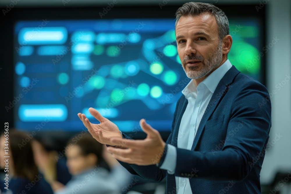 Poster a businessman presents data insights to his team, using hand gestures to emphasize key points from t