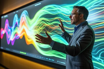 A businessman interacts with a large screen displaying dynamic, colorful data visualizations, showcasing technological innovation and data analysis.