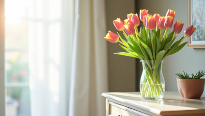 a bouquet of tulips on the dresser in a vase