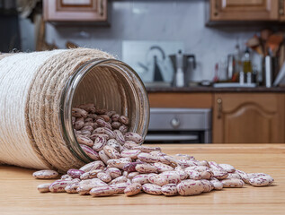Cranberry beans on a kitchen counter and in a glass container.