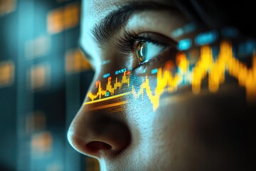 Close-up of a person's eye with superimposed stock market data, visualizing financial analysis and market trends.