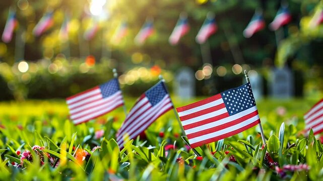 Amerikanische Flaggen im gr&uuml;nen Park