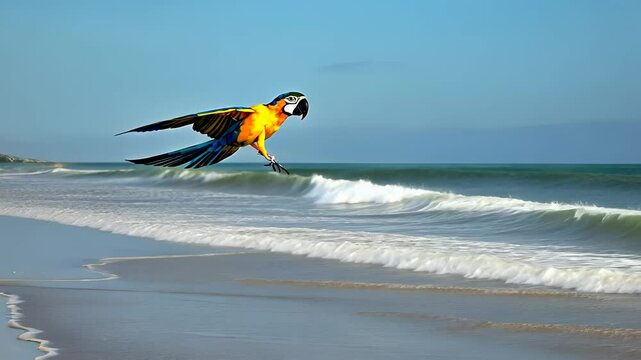 A blue macaw flying over the ocean. A parrot in flight over sea waves. A beach with blue sky and foam. A blue macaw soaring above the sea lifestyle.