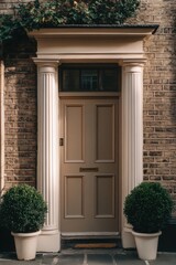 The stunning front door, elegantly surrounded by classic columns and lush greenery, stands out beautifully in a serene urban landscape during the afternoon light