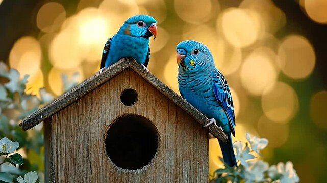 Two vibrant blue parakeets perched on a wooden birdhouse surrounded by soft bokeh