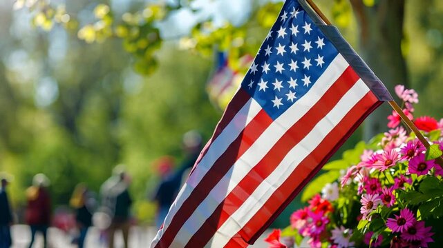 Amerikanische Flaggen im Freien mit unscharfem Hintergrund