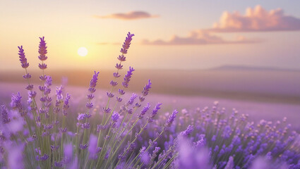 Obraz premium Dreamlike Lavender Field Under a Soft Golden Sunset – A Serene Escape