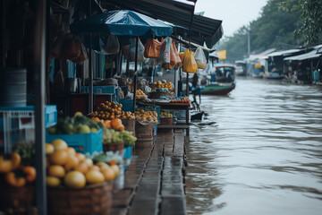 Naklejka premium Asian floating market on the river, Landscape view of water market with local villager seller on boat, Fish market on the pier.