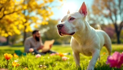 White Pit Bull Dog in Sunny Park with Man