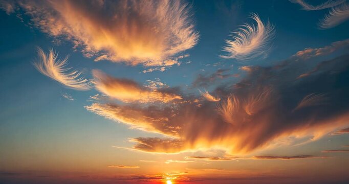 Stunning sky with clouds during sunset. Clouds in the twilight sky. Gorgeous blue sky at sunset.