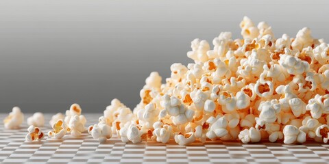 Popcorn scattered on a checkered surface with a soft gray background