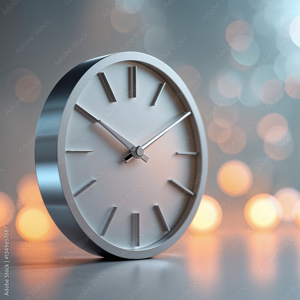 Poster modern silver clock displaying time against a blurred bokeh background featuring warm light orbs