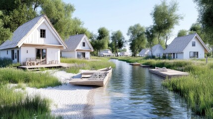 Obraz premium Charming waterfront cottages nestled amidst lush greenery. Tranquil canal scene with small boats. Peaceful, idyllic village setting