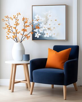 A cozy and tranquil living room with a vibrant floral arrangement framed abstract art and comfortable navy blue armchair with an orange accent cushion