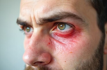 Fototapeta premium Close-up view man face with swollen red eyelid. Allergic reaction to insect bite. Puffy eye, skin irritation, health issue. Dermatology, healthcare, medical concepts.