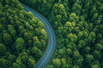 Landscape view of uphill road among forest with peaceful and relax vibe in the morning, Aerial view natural trail on the hill among the valley.