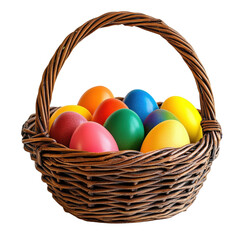 Colorful Easter Eggs in a Woven Basket on a white background.