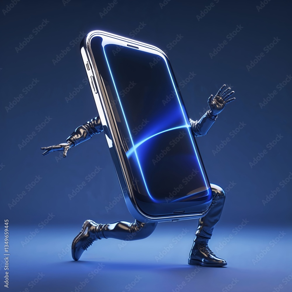 Poster dynamic smartphone character sprinting across a blue backdrop with a futuristic appearance