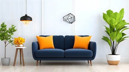 Cozy and inviting modern living room interior featuring a comfortable blue sofa decorative plants and flowers minimalist lighting and wall art creating a harmonious and sophisticated space
