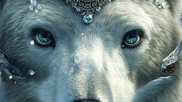The polar bear is symbol of wisdom and power. Blurry background of a teddy bear with a crown. A dark glare of light on a dark background. The polar bear represents strength and lifestyle insight.