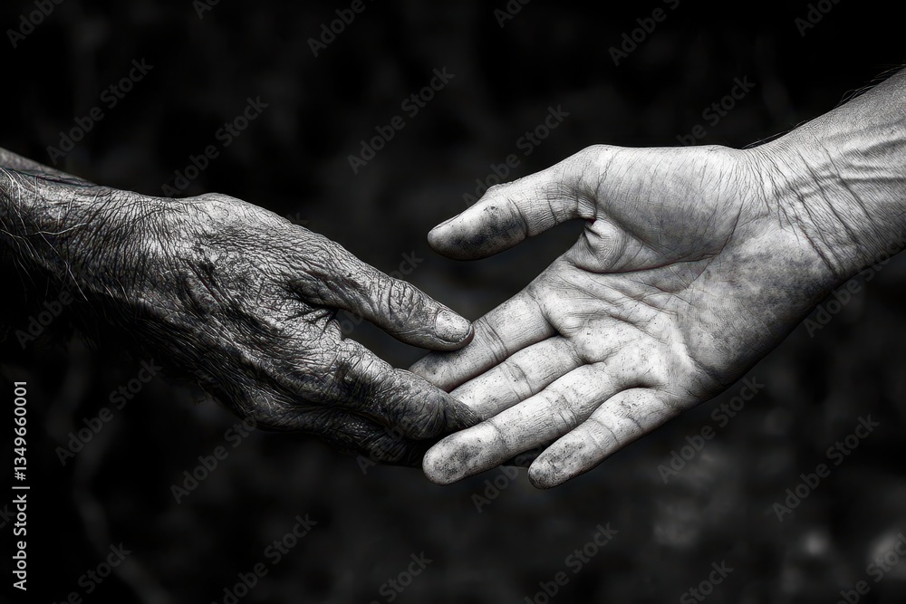 Poster two hands engaging in a firm handshake, symbolizing friendship and collaboration in a community sett