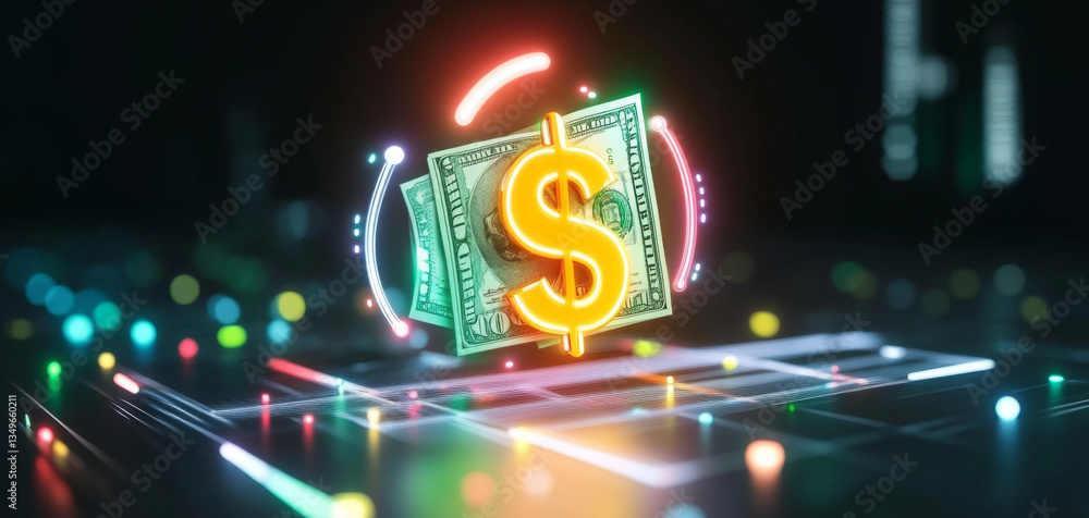 Poster a glowing dollar symbol is centered amidst colorful lights representing stability and trust in finan